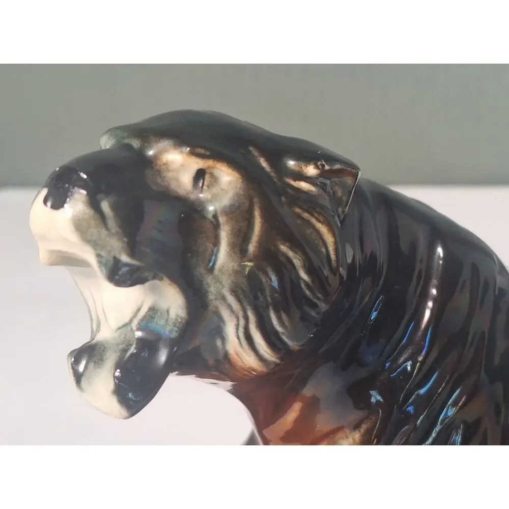 Vintage Mid Century Roaring Tiger Figurine Ceramic Black Brown Drip Glaze Japan